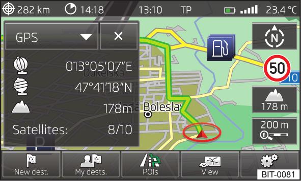 GPS Rys. 34 Okno dodatkowe: GPS na stronie 57. W dodatkowym oknie GPS (Global Positioning System) są wyświetlane informacje o aktualnej geograficznej pozycji samochodu.
