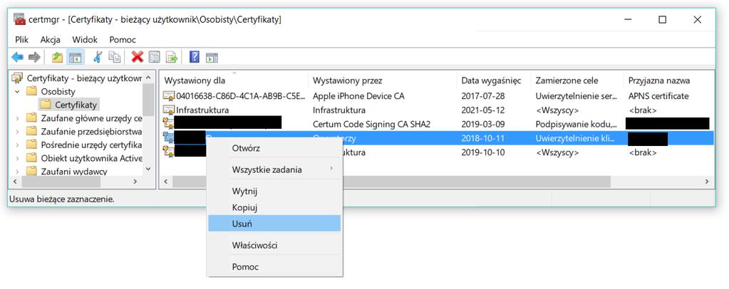 Usuwamy znaleziony certyfikat z przystawki certyfikatów Windows (UWAGA!