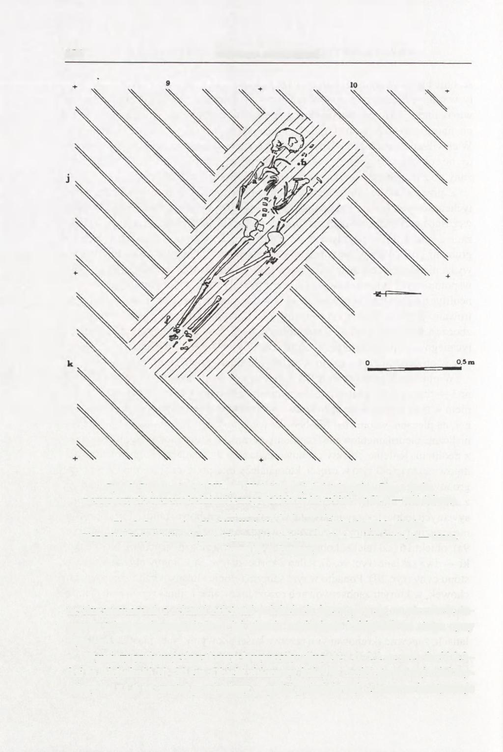 284 BARBARA MATRASZEK Ryc. 8. Stryczowice, st. VII, gm. Waśniów, woj. świętokrzyskie. Plan z grobu z cmentarzyska wczesnośredniowiecznego (obiekt nr 16, szkielet nr 8). a nóż żelazny, b paciorki. Rys.