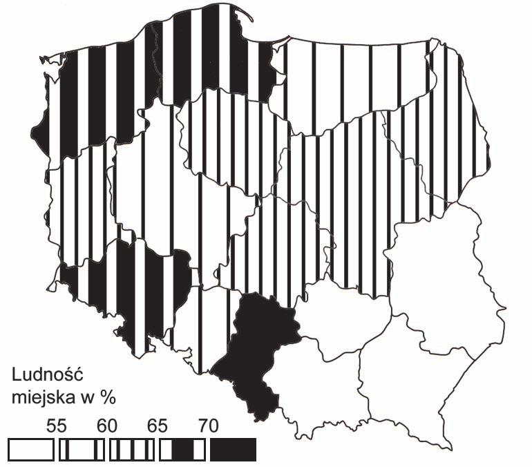 10 Zadanie 18. (2 pkt) Na mapie przedstawiono wskaźnik urbanizacji w Polsce w 2012 roku według województw. Na podstawie: Mały Rocznik Statystyczny Polski 2013, Warszawa 2013.