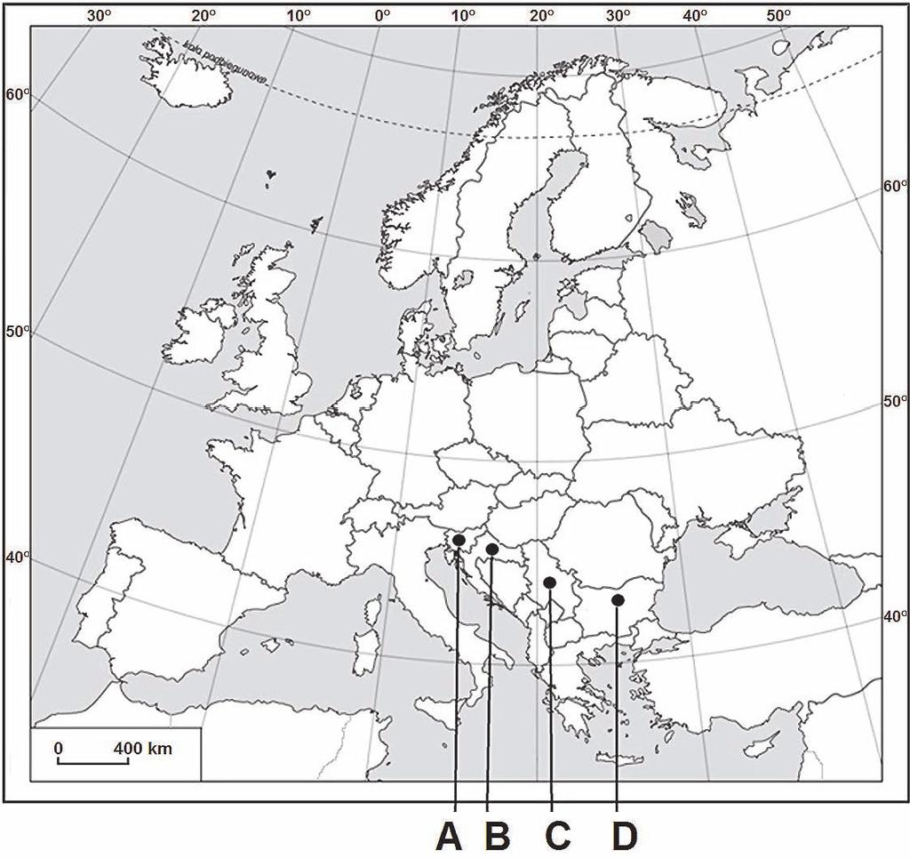 16 Zadanie 28. (2 pkt) Na mapie literami od A do D oznaczono wybrane państwa Europy. Podział polityczny wg stanu na 31.12.2013. Uzupełnij tabelę nazwami państw, dla których podano wybrane informacje.