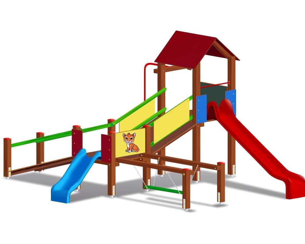 Wyposażenie placu zabaw nr 2 zestaw zabawowy wysokość minimalna w najwyższym punkcie (daszek) 350 cm długość minimalna - 480 cm szerokość minimalna - 480 cm Elementy składowe: podest - 2 sztuka,