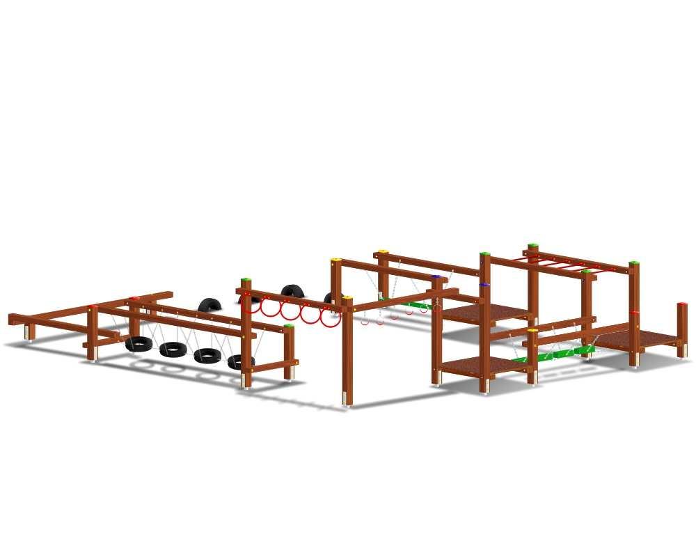 Wyposażenie placu zabaw nr 3 zestaw sportowo-sprawnościowy wysokość minimalna w najwyższym punkcie - 200 cm długość minimalna - 700 cm szerokość minimalna - 550 cm Elementy składowe: podest - 3