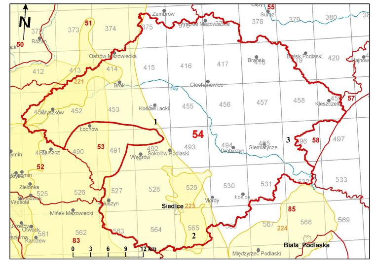 Ryc. Nr 19. i 20. Gmina Somianka. Mapa jednolitych części wód podziemnych JZWPd 54 oraz profile przedstawiające warstwę wodonośną. Źródło PIG Państwowa Służba Hydrologiczna (PIH).
