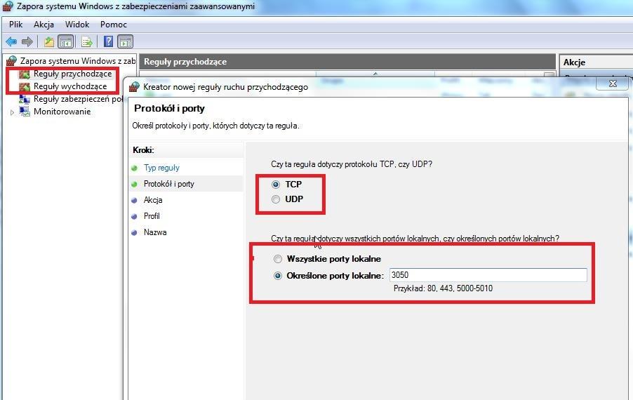 b) Zalecamy udostępnienie na zaporze systemu Windows portu 3050 na którym działa FireBird (zarówno dla portów przychodzących jak i wychodzących na stanowiskach roboczych