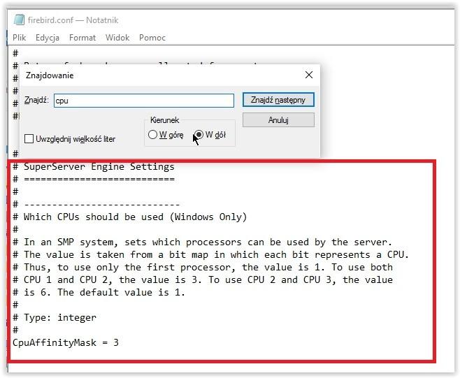 SuperServer Engine Settings Wpis CpuAffinityMask = 3 można modyfikować zgodnie z ilością rdzeni zainstalowanych
