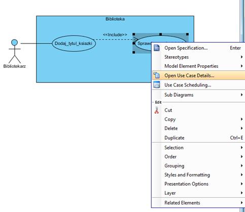 9.14. Definiowanie elementów typu Use Case po kliknięciu prawym klawiszem myszy na