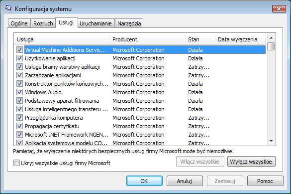 Kliknij kartę Usługi. Zakładka ta zawiera listę usług i ich status. Można włączać i wyłączać usługi na tej karcie?