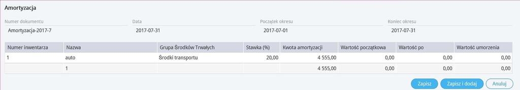 Lista naliczonych amortyzacji zawiera wszystkie środki trwałe w poszczególnych okresach, a także obliczone do tej pory umorzenia.