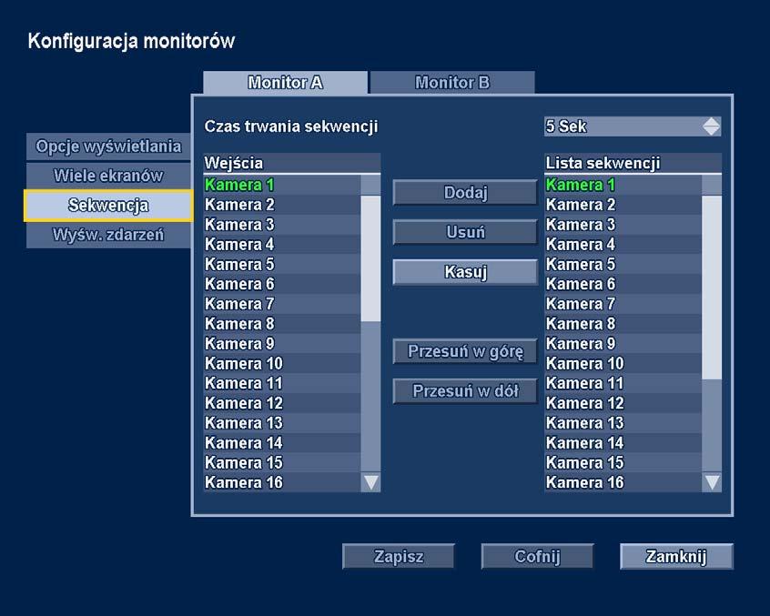 Divar XF Instrukcja obsługi pl 53 Illustracja 5.12 Menu Konfiguracja monitorów Sekwencja Sekwencja W polu Czas trwania sekwencji wybierz długość okresu wyświetlania na ekranie obrazu z kamery.