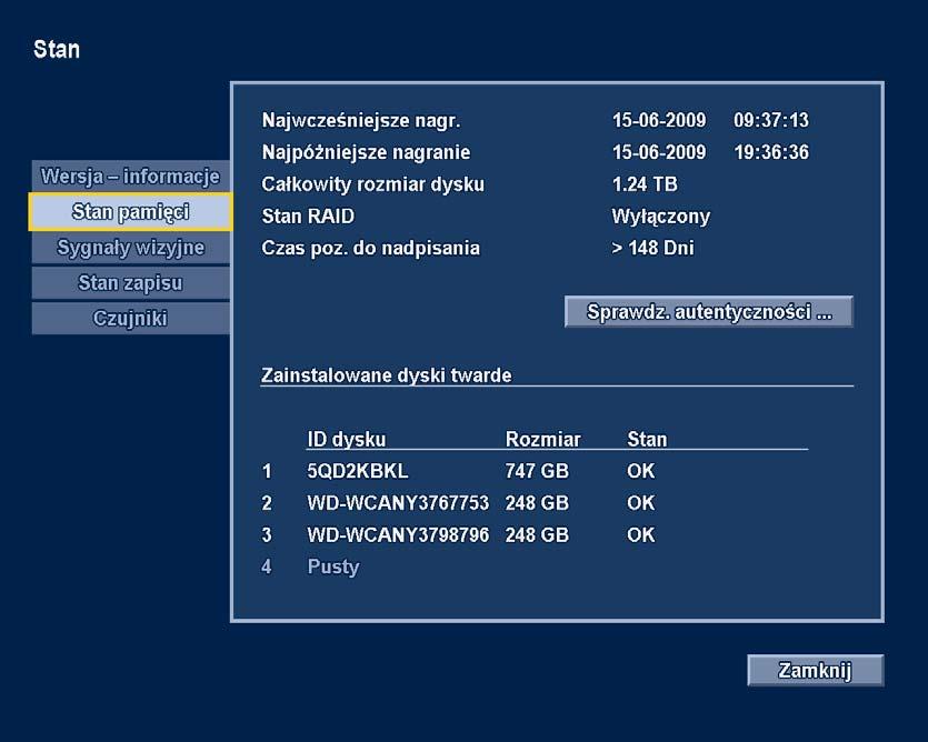 54 pl Instrukcja obsługi Divar XF Menu Informacje o systemie jest dostępne z poziomu menu nadrzędnego.