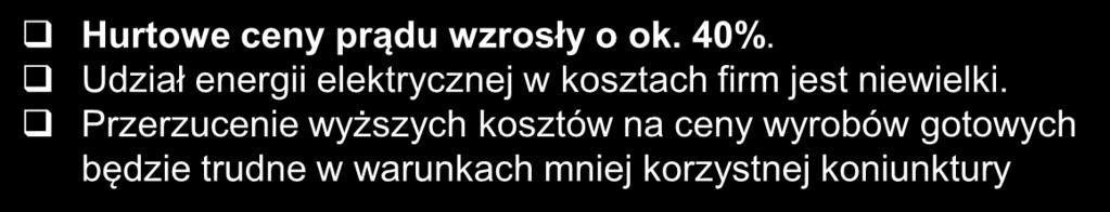 większą część 219 r. Złożono wnioski o podwyżki cen detalicznych prądu o ok. 3% Zakładamy, że URE zaakceptuje wzrost taryf o ~15%, co podniesie CPI o ok.,3 pkt.