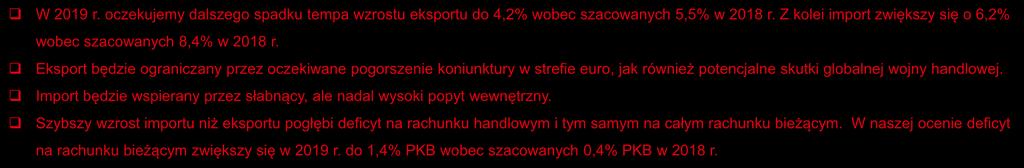 Oczekiwane osłabienie koniunktury w strefie euro oraz potencjalne konsekwencje globalnej wojny handlowej głównymi zagrożeniami dla polskiego handlu zagranicznego w 219 r.