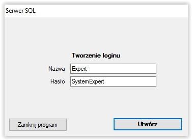 Po nawiązaniu połączenia z bazą danych SQL program zaproponuje założenie bazy Expert i domyślnego hasła SystemExpert.