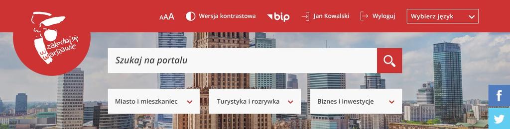 Strona 3 Miasta Stołeczne Warszawa - Księga Identyfikacji Wizualnej Portalu Miejskiego ELEMENTY STRONY - Nagłówek podstron Na podstronach portalu Urzędu m.