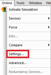 3. Połączenie się ze sterownikiem W pierwszym kroku wybieramy z paska menu Online opcję Settings.