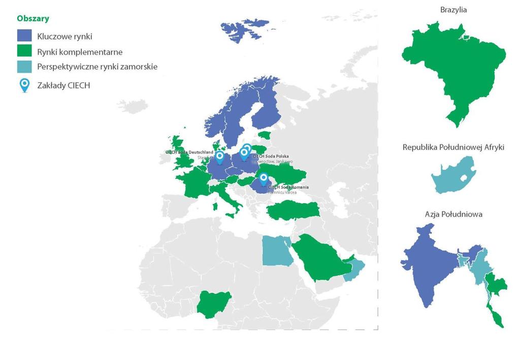 RYSUNEK 5: ZAKŁADY SODOWE GRUPY CIECH I KLUCZOWE RYNKI RYSUNEK 6: MOCE PRODUKCYJNE ZAKŁADÓW SODOWYCH GRUPY CIECH SODA KALCYNOWANA 1 450 tt 610 tt 540 tt CIECH Soda Polska Inowrocław Janikowo CIECH