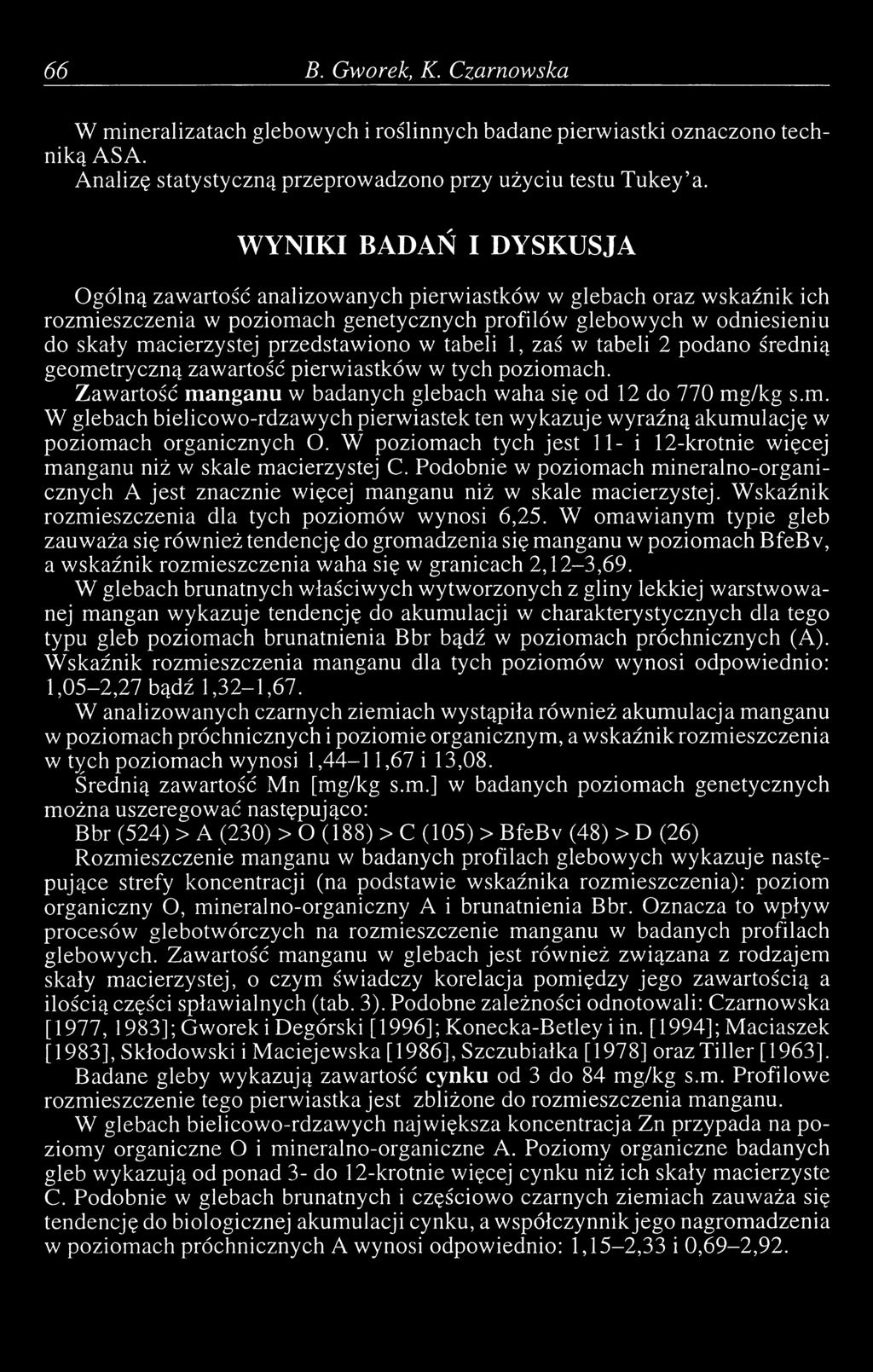 przedstawiono w tabeli 1, zaś w tabeli 2 podano średnią geometryczną zawartość pierwiastków w tych poziomach. Zawartość manganu w badanych glebach waha się od 12 do 770 mg/kg s.m. W glebach bielicowo-rdzawych pierwiastek ten wykazuje wyraźną akumulację w poziomach organicznych O.