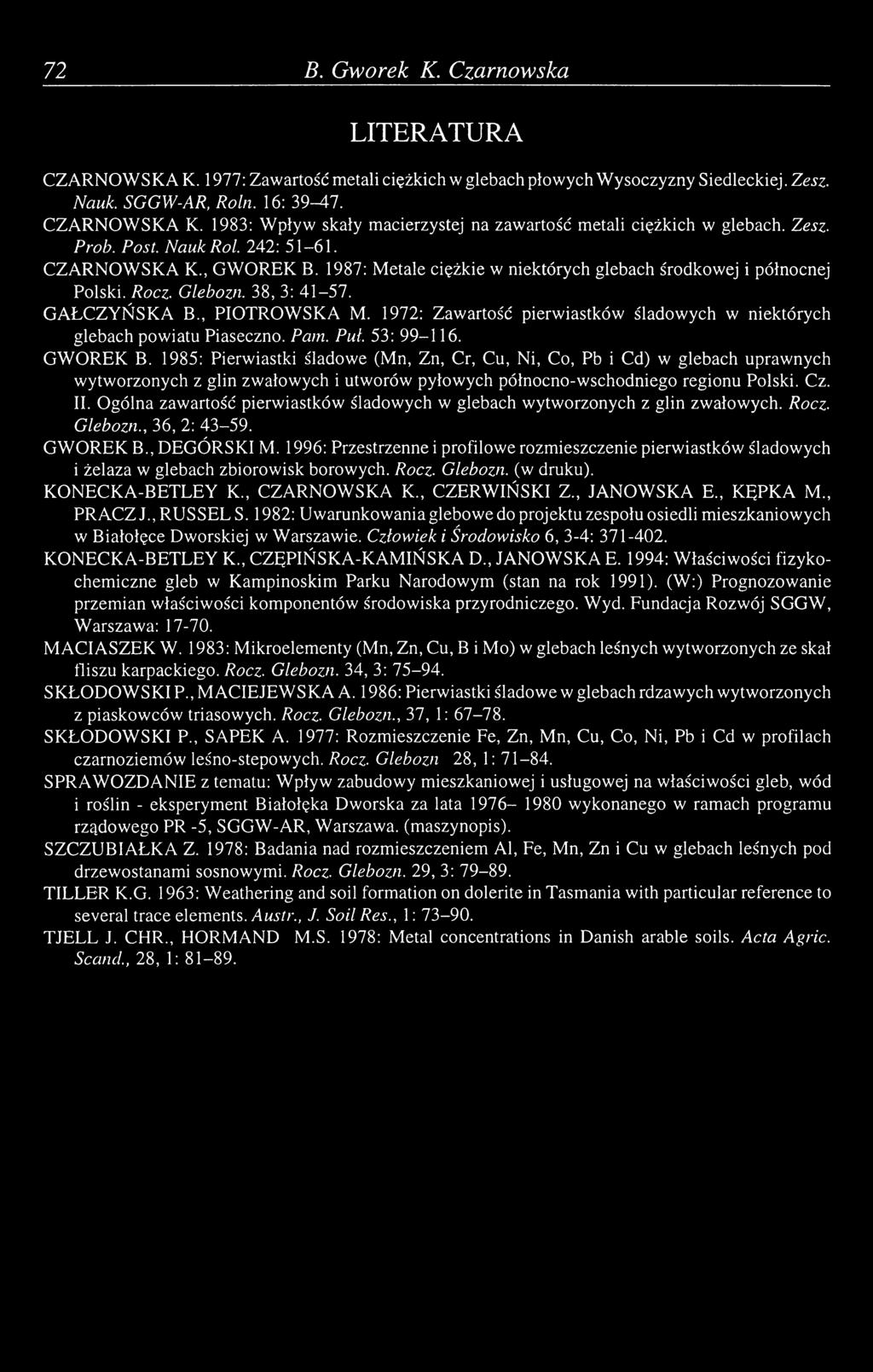 1987: Metale ciężkie w niektórych glebach środkowej i północnej Polski. Rocz. Glebozn. 38, 3: 41-57. GAŁCZYŃSKA B., PIOTROWSKA M.