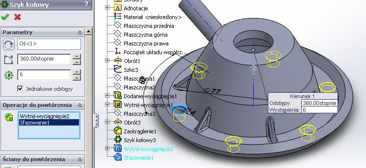 Teraz wykonajmy otwór, ze szkicu o średnicy φ6 mm, rys. 16.