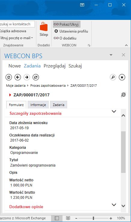 2.11. Formatka dodatku WEBCON BPS Outlook Wprowadzono zmiany w wyglądzie i działaniu formatki prezentujące dane elementu w dodatku dla MS Outlook.