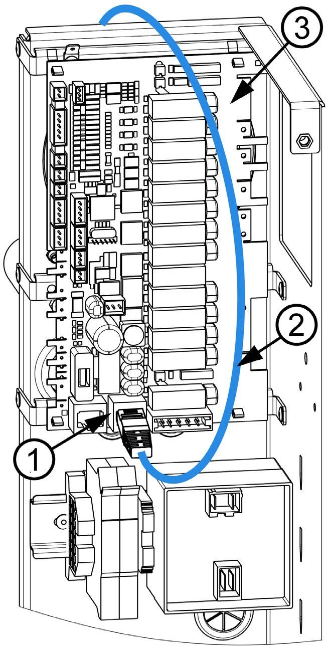 Dokumentacja techniczna I Okap kuchenny Vision Vent 2 I Transport i instalacja Rysunek 18: Poluzowanie panelu sterowania Podłączyć uchwyty bezpiecznika i zacisku z zespołu okapu do szyny DIN (1)