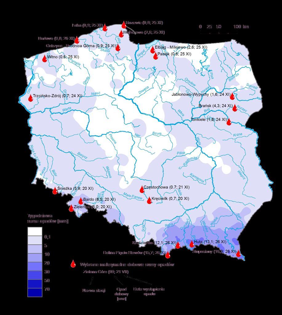 3. Rozkład tygodniowej sumy opadów oraz wybrane maksymalne