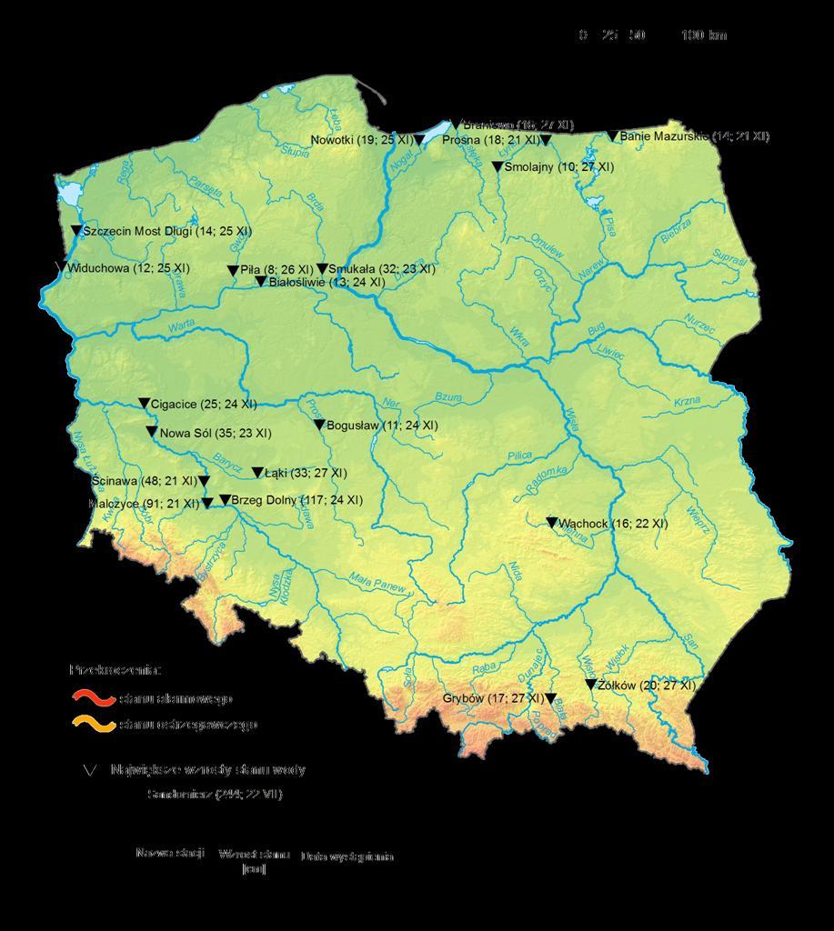 4. Przekroczenia stanów ostrzegawczych i alarmowych oraz najwyższe dobowe wzrosty stanu
