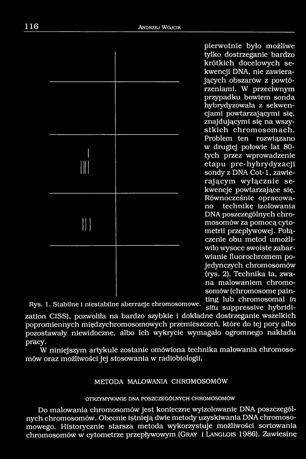Problem ten rozwiązano w drugiej połowie lat 80- tych przez wprowadzenie etapu pre-hybrydyzacji sondy z DNA Cot-1, zawieraj ącym w yłącznie sekwencje powtarzające się.