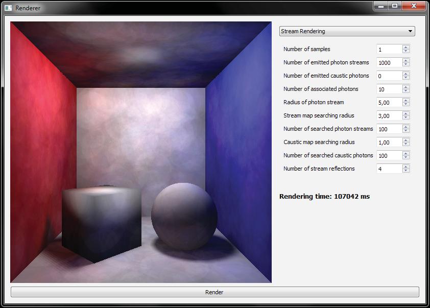 Metoda strumieniowego mapowania fotonowego Rys. 6.2. Okno aplikacji renderującej Po ukończeniu renderingu w polu Rendering time wyświetlany jest czas podany w milisekundach.