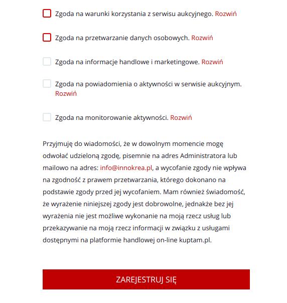 Powyżej umieszczono pięć zgód dotyczących serwisu kuptam.pl. Akceptacja pierwszych dwóch jest wymagana do rejestracji konta.
