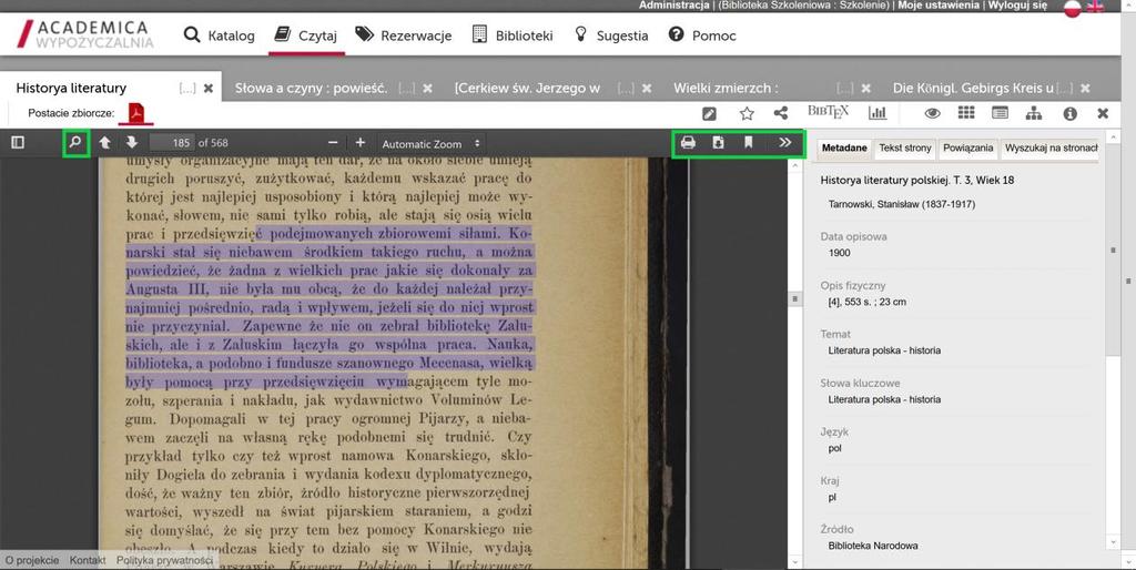 16 2. Wyszukiwanie pełnotekstowe w widoku obiektu a) Postać zbiorcza PDF Ponieważ plik pdf wyświetla się w Academice w sposób nieodbiegający od sposobu wyświetlania innych plików pdf w przeglądarce