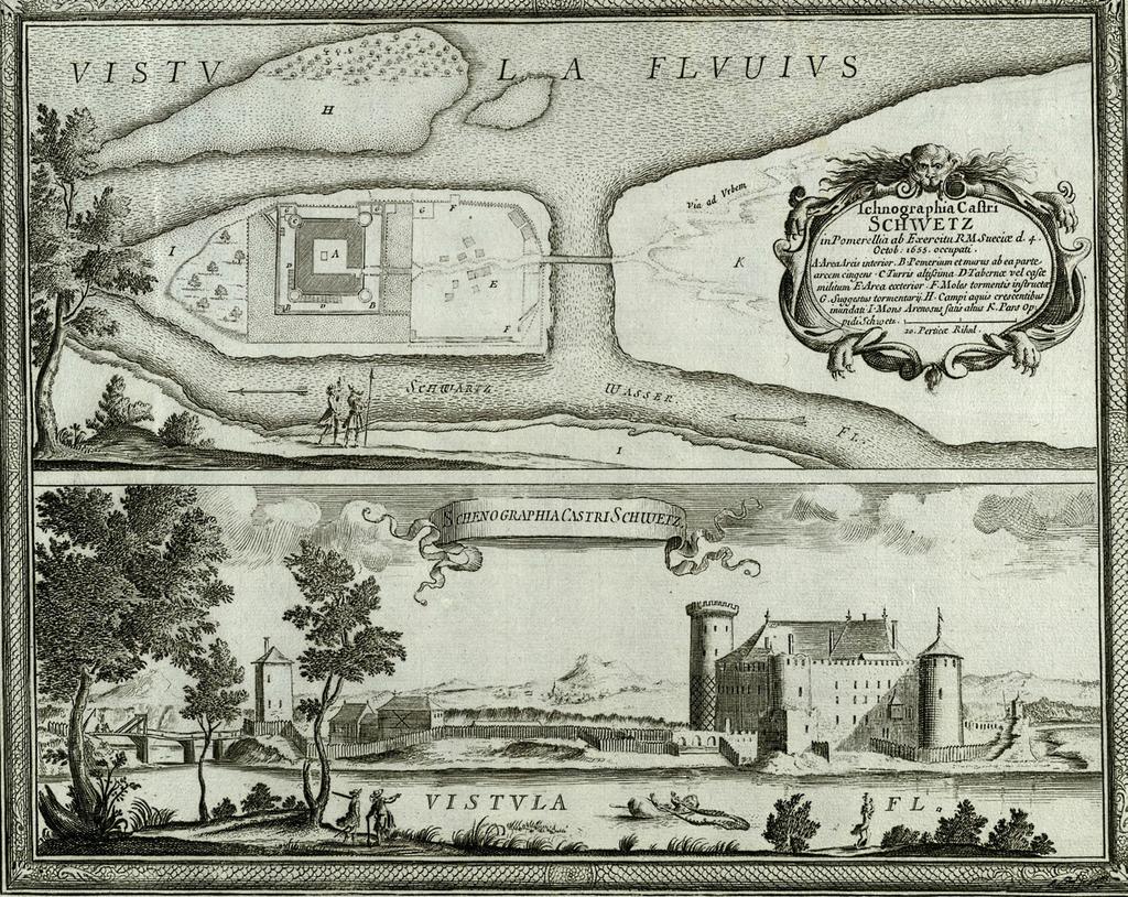 214 Bogusz Wasik Ryc. 1. Plan i widok zamku z połowy XVII w. autorstwa Erika Dahlberga; Ichnographia Castri Schwetz In Pomerellia ab Exercitu R. M. Sueciæ d.