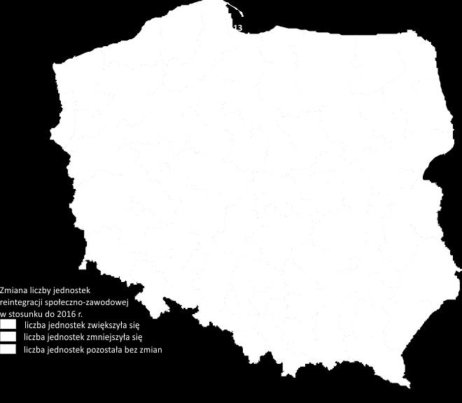 Na tle kraju największą liczbą placówek świadczących usługi integracji społeczno-zawodowej, podobnie jak w 2016 r., wyróżniały się podregiony: olsztyński (40), chełmsko-zamojski (39) i elbląski (31).