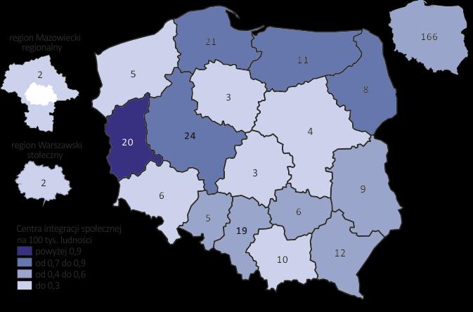 Mapa 2. Centra integracji społecznej według województw w 2017 r. W 2017 r. było 166 aktywnych CIS, które świadczyły usługi integracji społecznozawodowej blisko 11,5 tys. uczestnikom. W 2017 r. w prowadzonych przez CIS zajęciach uczestniczyło blisko 11,5 tys.