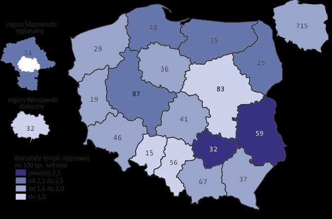 Warsztaty terapii zajęciowej Na koniec 2017 r. aktywną działalność prowadziło 715 warsztatów terapii zajęciowej, tj. o 7 więcej niż w poprzednim roku.