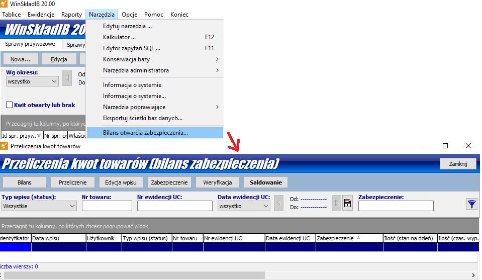 1. Bilans otwarcia zabezpieczenia informacje podstawowe. Moduł uruchamiany jest w menu głównym: Narzędzia Bilans otwarcia zabezpieczenia Rys.1. Uruchomienie i widok okna modułu bilansu otwarcia zabezpieczenia.