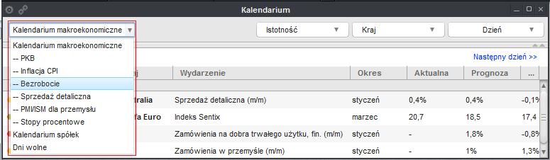 Otwieranie okna Kalendarium makroekonomiczne, kalendarium spółek oraz Kalendarium dni wolnych można otworzyć z poziomu Menu głównego platformy zgodnie z Rys. 1.