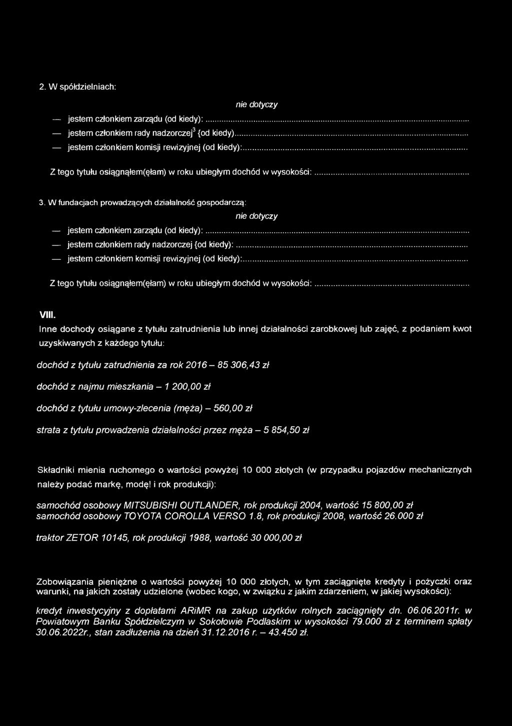 .. jestem członkiem rady nadzorczej {od kiedy):... jestem członkiem komisji rewizyjnej (od kiedy):... Z tego tytułu osiągnąłem(ęłam) w roku ubiegłym dochód w wysokości:... VIII.