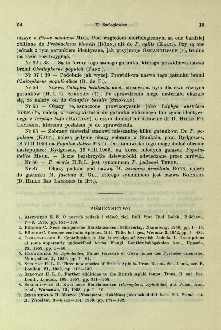 54 H. Szelegiewicz 10 mszyc z Pinus montana M i l l. Pod względem morfologicznym są one bardziej zbliżone do Protolacłinus bluncki ( B o r n.) 