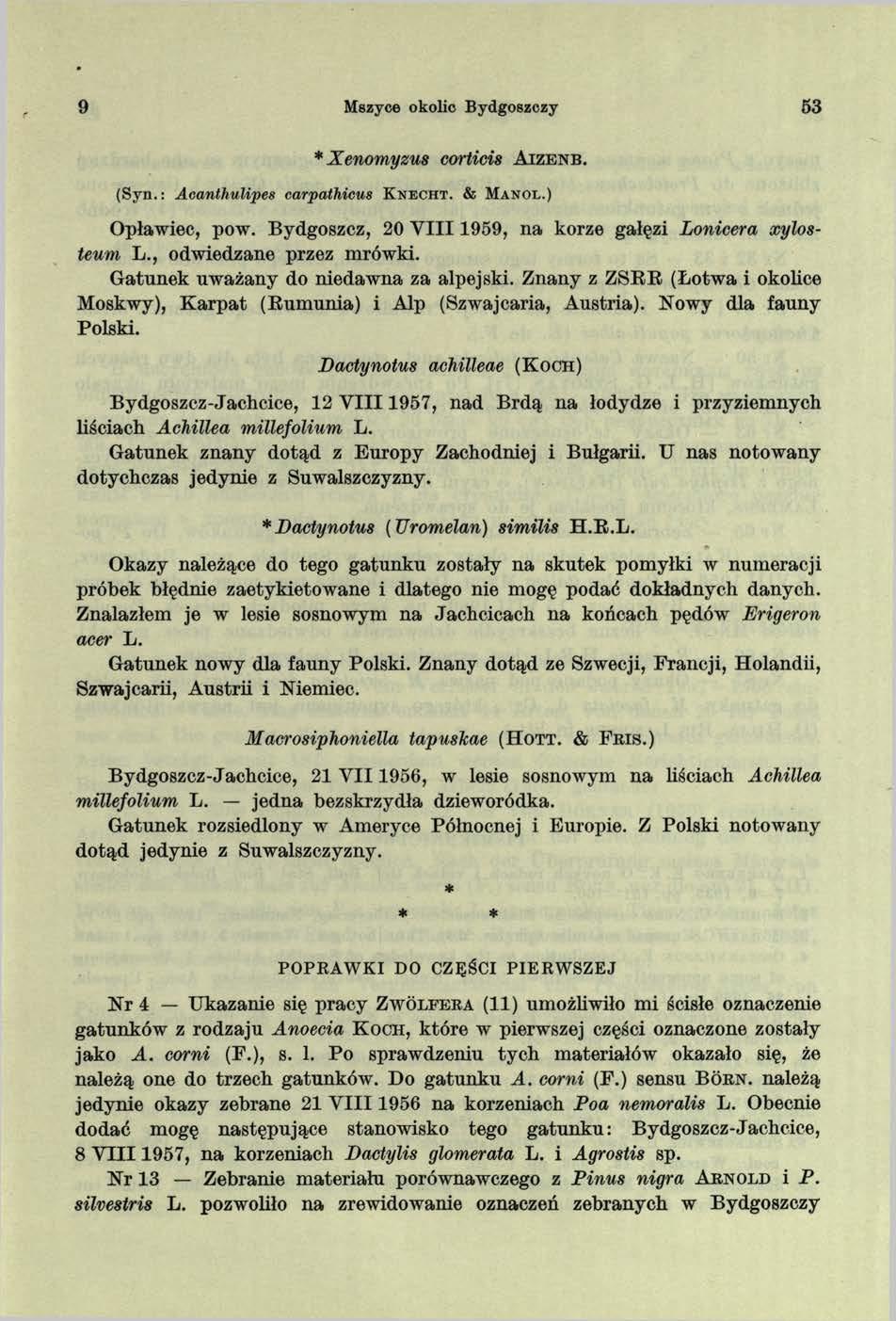 9 Mszyce okolic Bydgoszczy 53 * Xenomyzus corłicis A i z e n b. (Syn.: Acanthulipes carpathicus K n e c h t. & M a n o l.) Opławiec, pow.