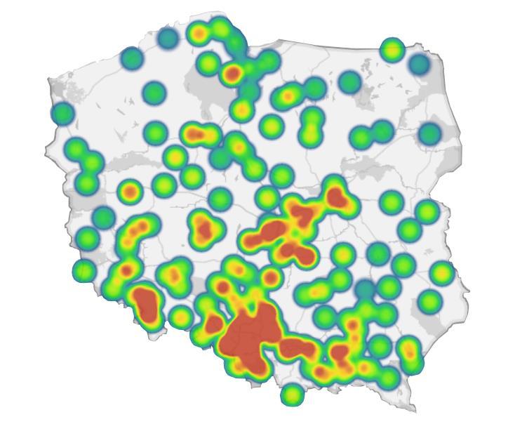 Problem smogu w Polsce 4 Skala problemu jest bardzo zróżnicowana geograficznie Zanieczyszczenie pyłem PM 10 na obszarze Polski w roku 2017 Największe zanieczyszczenie występuje w południowozachodniej