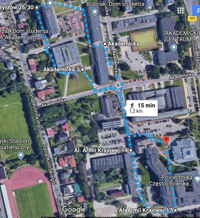 Mapa trasy Biegu w kasku - 2019 Politechnika Częstochowska (satelita) Źródło: https://www.google.pl/maps Opis trasy biegu 1. Start po aulą Wydziału Zarządzania.