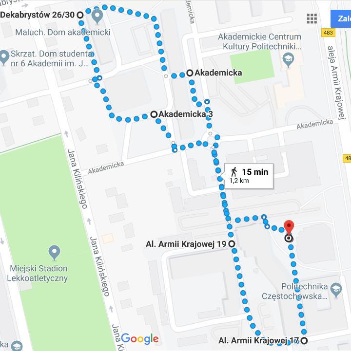 Mapa trasy Biegu w kasku - 2019 Politechnika Częstochowska Źródło: https://www.google.pl/maps Opis trasy biegu 1. Start po aulą Wydziału Zarządzania.