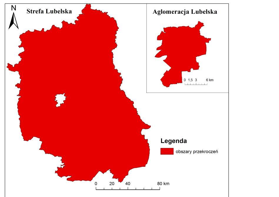7.3. Strefy zaliczone do klasy D2 i obszary przekroczeń poziomu długoterminowego ozonu Tabela 7.3.1.