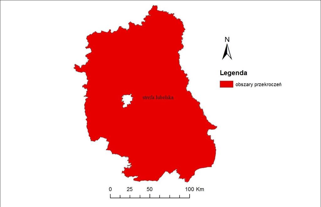 Mapa 10. Strefy zaliczone do klasy D2 i obszary przekroczeń poziomu celu długoterminowego ozonu - ochrona roślin 7.4.