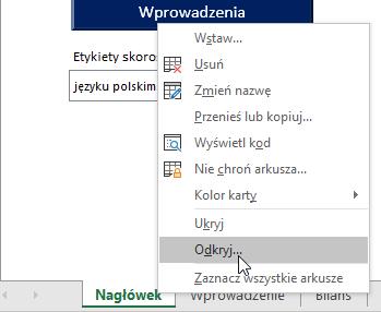 niemieckim) Rysunek 23 Lista zmiany języka skoroszytu (arkusz Nagłówek) Oprócz dwóch standardowych alternatyw etykiet w języku polskim i etykiet w
