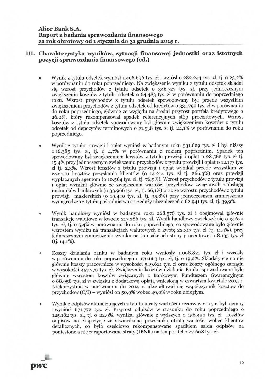 III. Charakterystyka wyników, sytuacji finansowej pozycji sprawozdania finansowego (cd.) jednostki oraz istotnych Wynik z tytułu odsetek wyniósł 1.496.696 tys. zł i wzrósł o 282.244 tys. zł, tj.