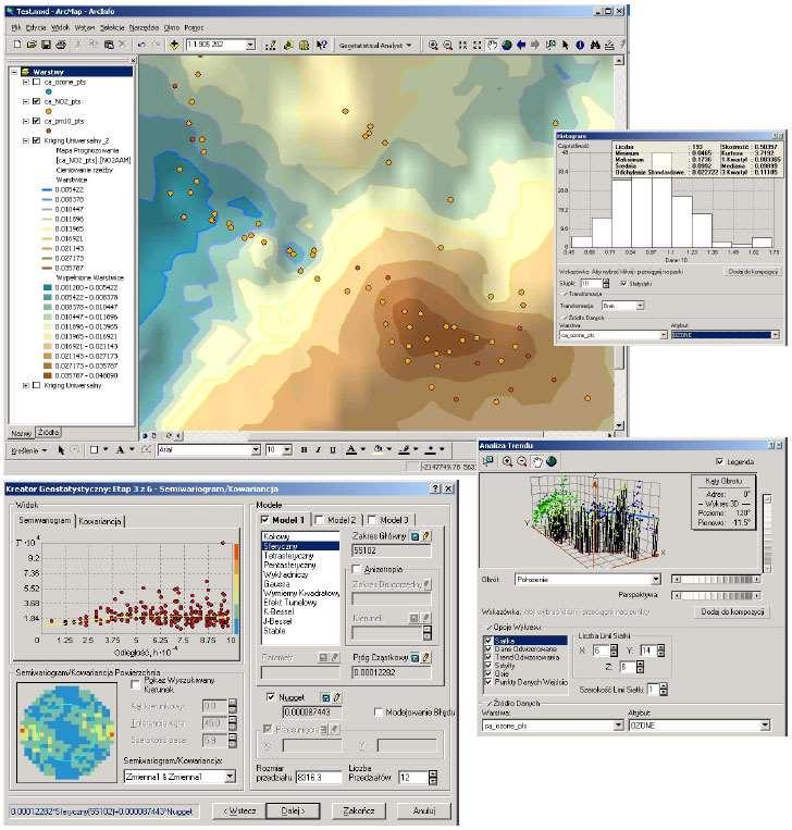 Opcjonalne rozszerzenia ArcGIS ArcGIS Geostatistical Analyst (narzędzia do analizy geostatystycznej danych) Umożliwia: analizowanie zmienności danych i relacji przestrzennych, interpolowanie wartości
