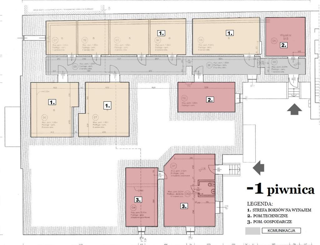 Rysunek 11. Koncepcja rozmieszczenia funkcji w piwnicy budynku przy ul. Wojska Polskiego 2b. Źródło: opracowanie własne. Budynek posiada także piwnicę, która może zostać przeznaczona na tzw.